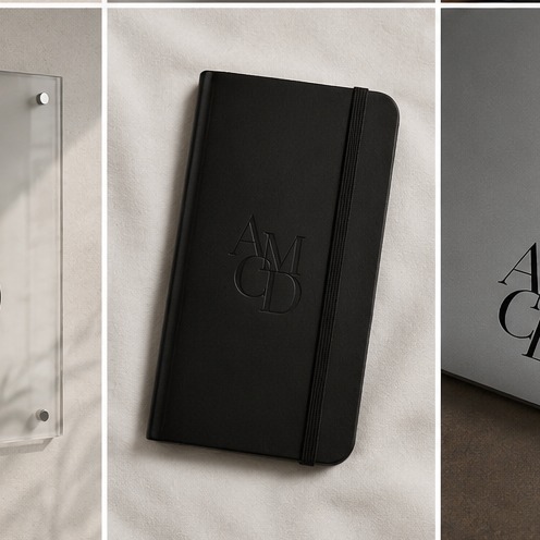 Black AMCD notebook with embossed monogram